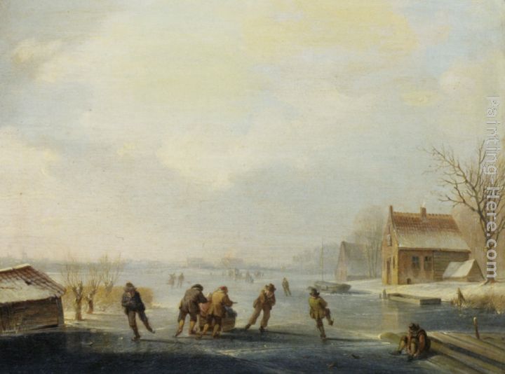 Skaters on a frozen waterway painting - Jacobus Van Der Stok Skaters on a frozen waterway art painting